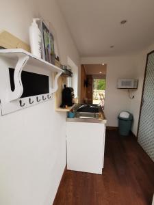 uma cozinha com um lavatório e uma bancada em Studio 8 em Sancourt