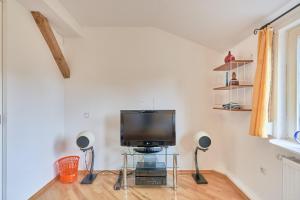 a living room with a television and two microphones at Ferienwohnung Neukölln in Berlin