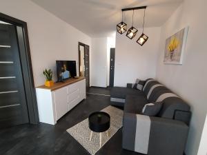 Una sala de estar con un sofá y un televisor. en Apartament 36, en Nowy Targ
