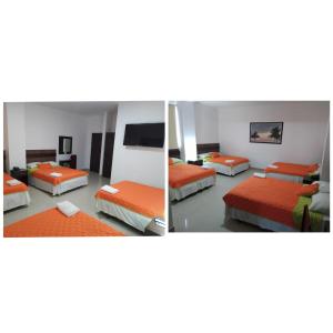 two pictures of a room with two beds at Manta Airport Hotel in Manta