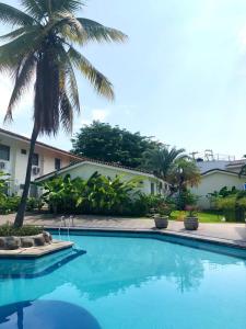 een blauw zwembad met een palmboom op de achtergrond bij Hotel San Joaquin SA de CV in Colima