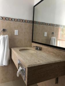 a bathroom with a sink and a large mirror at Hotel San Joaquin SA de CV in Colima