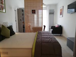 a living room with a large bed and a couch at 33 Ter Bon pied à terre in La Rochelle