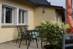 a patio with chairs and a table and a plant at Ferienhaus Belvedere in Hainewalde