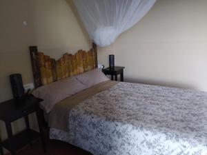 een slaapkamer met een bed met een houten hoofdeinde bij Alojamiento Rural Camino Beturia in Cabeza la Vaca