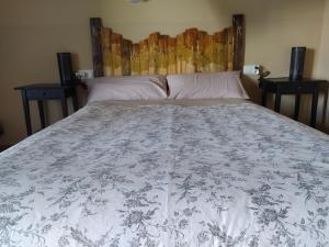 a bed with a blue and white blanket on it at Alojamiento Rural Camino Beturia in Cabeza la Vaca