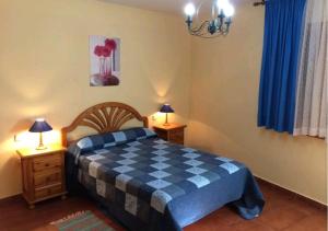 1 dormitorio con 1 cama a cuadros y 2 mesitas de noche en Alojamiento rural LA JARA 2 en Robledillo de la Jara