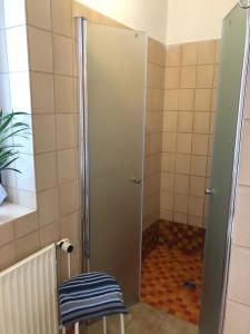 リューネブルクにあるHaus Osterwieseのバスルーム(青いスツール付きのシャワーブース付)