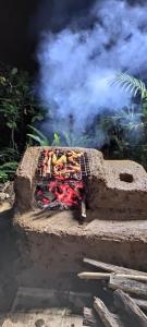 a brick oven with smoke coming out of it at Tenam Garden homestay in Kalimpong
