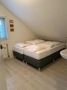 a bedroom with two beds and a sink at Fonteinbos in Oudemirdum