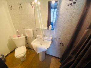 ein Badezimmer mit Toilette, Waschbecken und Dusche in der Unterkunft Hôtel Restaurant Le Saint Gillois in Saint-Gilles + 28 Fotos