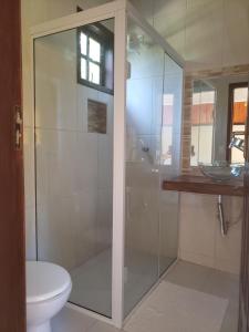 uma casa de banho com uma cabina de duche em vidro e um WC. em Pousada Sitio das Flores em Trindade