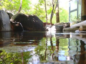 einen Wasserpool mit Wasserfall in einem Zoo in der Unterkunft Matsunoi in Takayama