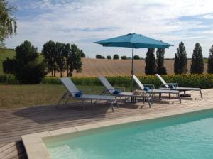 a group of chairs and an umbrella next to a pool at Lemonie Farmhouse in Palluaud