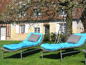 duas cadeiras almofadadas azuis sentadas na relva em Maison d'Hôtes la Bihorée em Lisieux