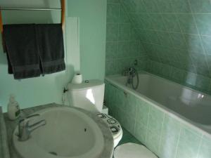 a bathroom with a toilet and a tub and a sink at Gîte L'Arquebuse in Troyes