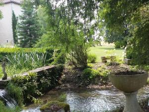a garden with a pond and a stone bird bath at Moulin Rouhaud in Montboyer