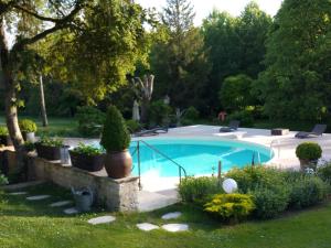 una piscina en un patio con macetas en Moulin Rouhaud, en Montboyer