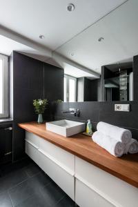 a bathroom with a sink and a mirror at Mozart Apartment München in Munich