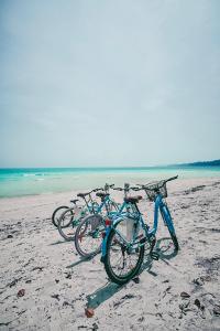 a group of bikes parked on the beach at Munjoh Ocean Resort - Private Beachfront Luxury Retreat in Havelock in Havelock Island