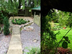 two pictures of a garden with a pathway and a backyard at Kenilworth Garden Accomodation in Wisbech
