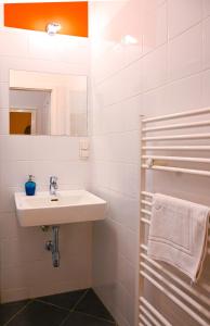 a white bathroom with a sink and a mirror at Backpacker Apartment Hofburg in Vienna