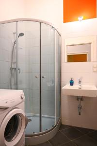 a bathroom with a shower and a toilet and a sink at Backpacker Apartment Hofburg in Vienna