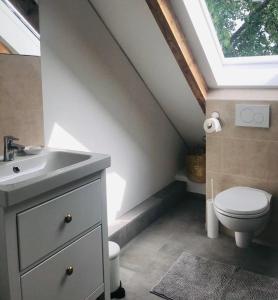 La salle de bains est pourvue de toilettes et d'un lavabo avec une lucarne. dans l'établissement Martins Guesthouse Zimmer, à Hanovre