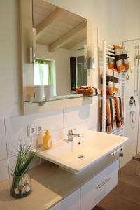 un baño con lavabo y espejo en Ferienwohnung Breyer Wiedemen, en Hopferau 24 fotos más