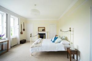 a bedroom with a white bed with blue pillows at Percy Place Bath in Bath