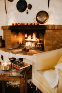a glass of wine on a table in front of a fireplace at Naturhotel Schütterbad in Unken