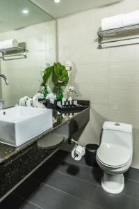 a bathroom with a sink and a toilet and a mirror at Riande Aeropuerto Hotel Casino in Tocumen