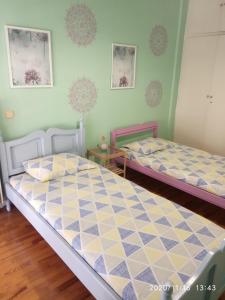 2 łóżka pojedyncze w pokoju z zielonymi ścianami w obiekcie Karditsa Home Sweet Home 68 τ.μ w mieście Kardítsa
