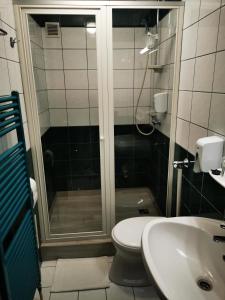 a bathroom with a shower and a toilet and a sink at Patyi Étterem és Hotel in Bögöte