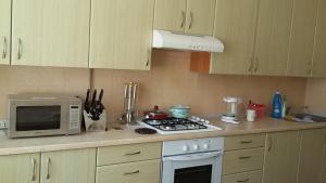 a kitchen with a microwave and a stove top oven at Wine Casual Apartment in Chişinău