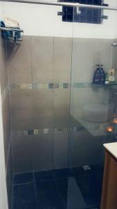 eine Dusche mit einer Glastür in einem Badezimmer in der Unterkunft Residence Frangipani in Pereybere