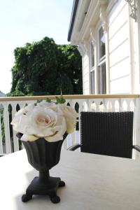 a vase filled with white roses sitting on a table at Merivale Manor in Christchurch