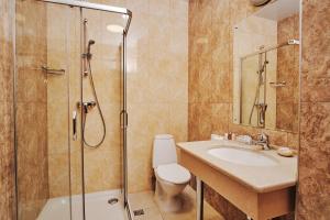 a bathroom with a shower and a sink and a toilet at Hotel Sibir in Barnaul