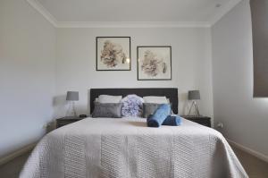 a bedroom with a large white bed with blue pillows at Sandy Toes in Bellara