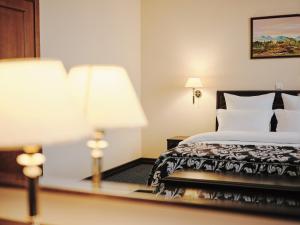 um quarto de hotel com uma cama e um espelho em Hotel Sibir em Barnaul