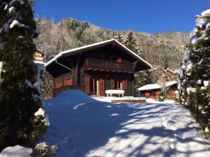 a house with a pile of snow in front of it at Chalet Brimborion in Champéry