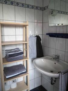 a bathroom with a sink and a shelf with towels at Ferienwohnung an der Waldmühle in Reulbach