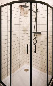 a shower with a glass door in a bathroom at Elegant Apartment Westbahnhof in Vienna