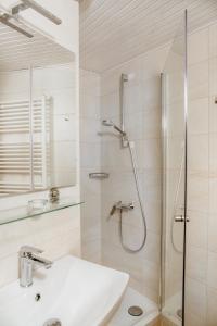 a bathroom with a shower and a sink at Apartments Kristan in Bled
