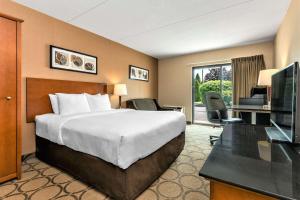 a hotel room with a bed and a television at Comfort Inn Saskatoon in Saskatoon