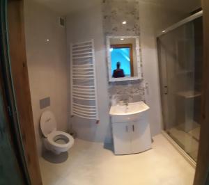 uma casa de banho com um WC, um lavatório e um espelho. em Agroturystyka SABAT em Imielno