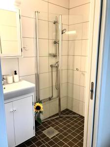 a bathroom with a shower and a sink at Kristiansund Apartments in Kristiansund