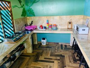 a kitchen with a sink and a counter top at Hostel Tortuguero 7BackPackers in Tortuguero
