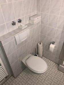 a bathroom with a toilet in a tiled room at Hotel Bad Driburg in Bad Driburg +41 photos