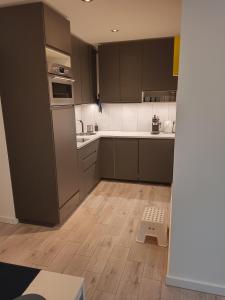 a kitchen with gray cabinets and a wooden floor at Apartament na Zakręcie in Szklarska Poręba